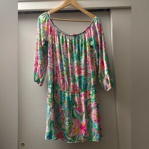 Off-Shoulder Floral Tunic Dress in Green & Pink lily pulitzer